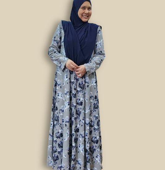 Flair Dress Crepe Grey with Blue Flora